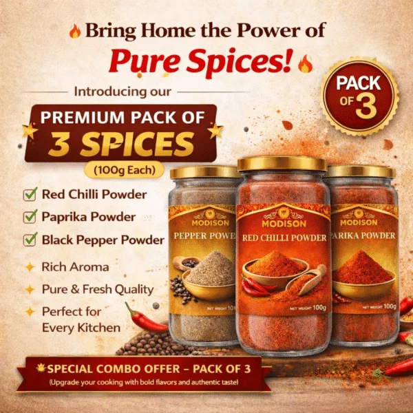 Modison Premium Pack of 3 Spices – Red Chilli Powder, Paprika Powder & Black Pepper Powder